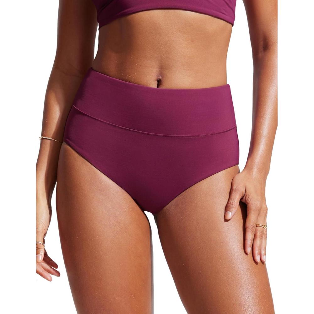 imageCRZ YOGA Womens High Waisted Bikini Bottom Full Coverage Tummy Control Bathing Suit Wide Waistband Swimsuit Swim BriefsFuchsia