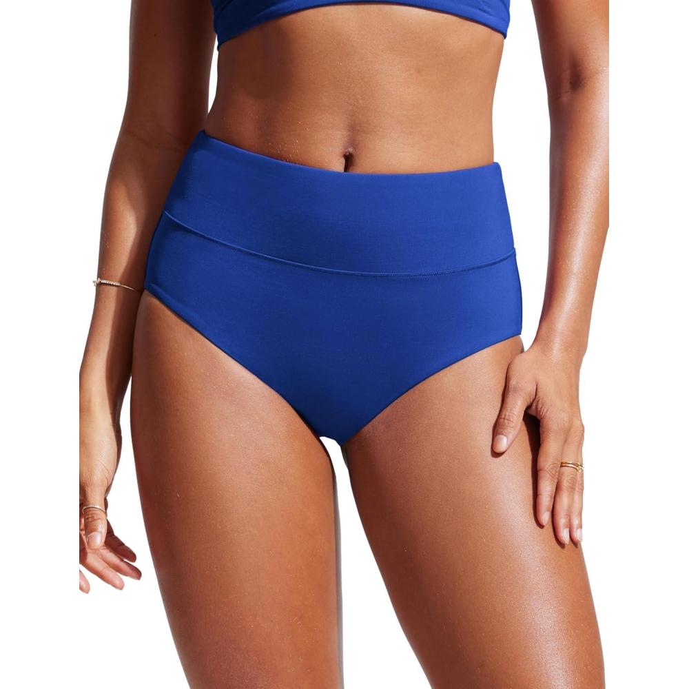imageCRZ YOGA Womens High Waisted Bikini Bottom Full Coverage Tummy Control Bathing Suit Wide Waistband Swimsuit Swim BriefsWaves Blue