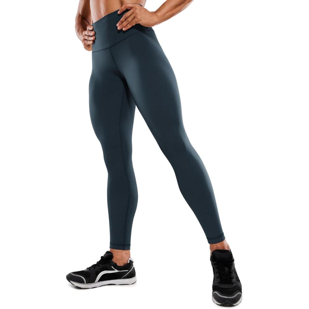 imageCRZ YOGA Womens Hugged Feeling Compression Leggings 28 Inches High Waist Thick Tummy Control Workout PantsTrue Navy