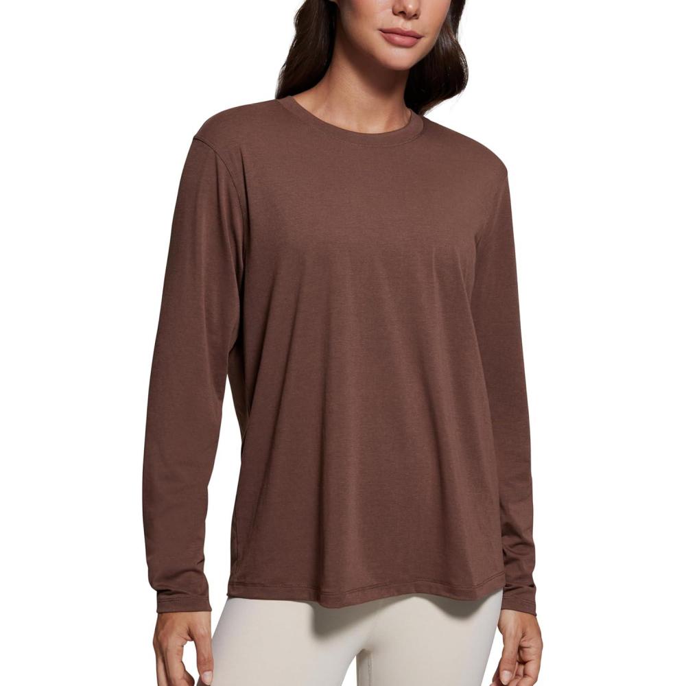 imageCRZ YOGA Womens Long Sleeve Tops High Crew Neck Casual Fall Shirts Basic Quick Dry Workout Athletic TShirtCoffee Brown