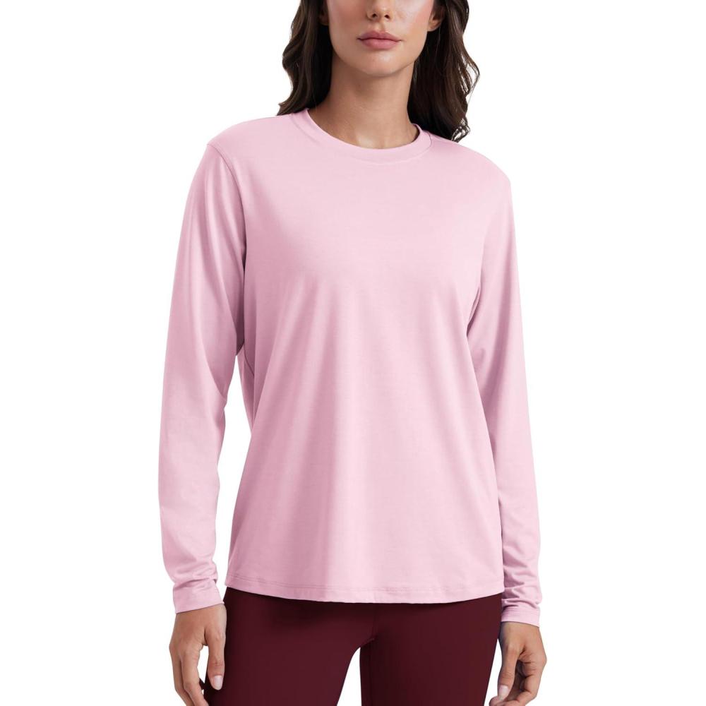 imageCRZ YOGA Womens Long Sleeve Tops High Crew Neck Casual Fall Shirts Basic Quick Dry Workout Athletic TShirtPink Peony