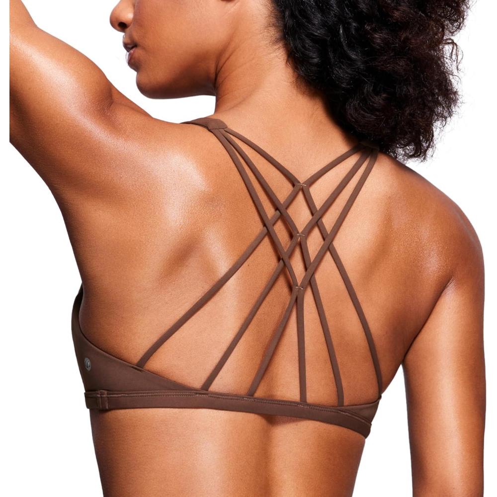 imageCRZ YOGA Womens Naked Feeling Criss Cross Sports Bra Strappy Back Padded Medium Support Wireless Gym Cami Workout YogaCoffee Brown