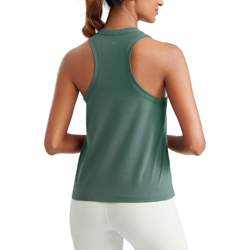 imageCRZ YOGA Womens Pima Cotton High Neck Workout Tank Racerback Athletic Sleeveless Tops Basic Casual Yoga ShirtsGraphite Green