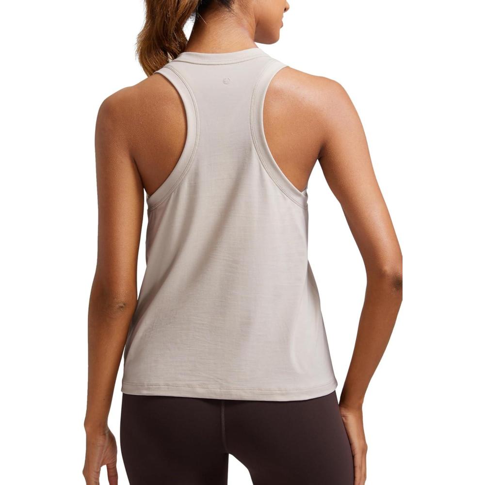 imageCRZ YOGA Womens Pima Cotton High Neck Workout Tank Racerback Athletic Sleeveless Tops Basic Casual Yoga ShirtsMojave Tan