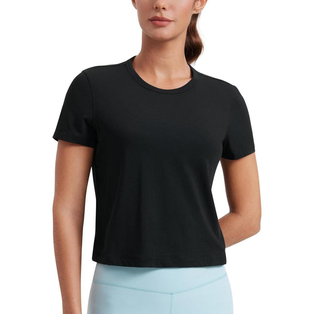 imageCRZ YOGA Womens Pima Cotton Short Sleeve Crop Tops High Neck Cropped Workout Shirts Yoga Athletic Casual TShirtBlack
