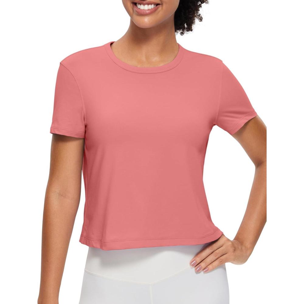imageCRZ YOGA Womens Pima Cotton Short Sleeve Crop Tops High Neck Cropped Workout Shirts Yoga Athletic Casual TShirtBriar Rose
