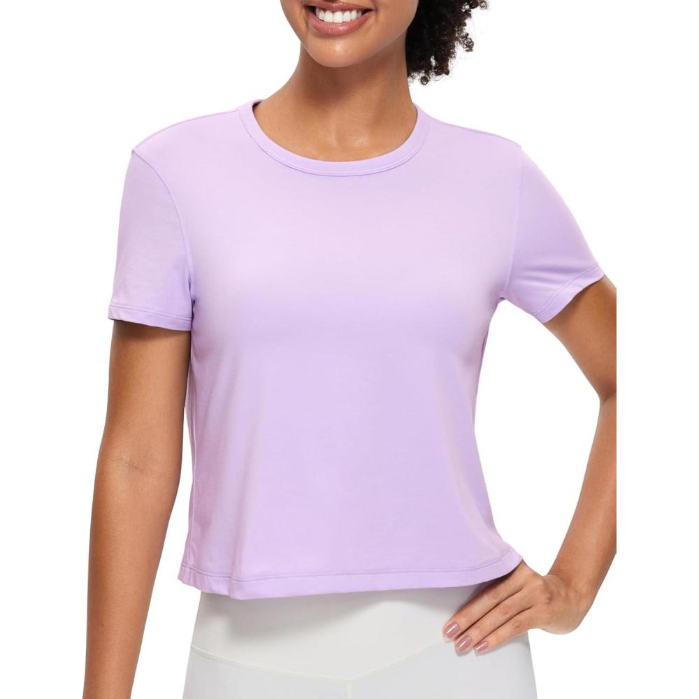 imageCRZ YOGA Womens Pima Cotton Short Sleeve Crop Tops High Neck Cropped Workout Shirts Yoga Athletic Casual TShirtElfin Purple
