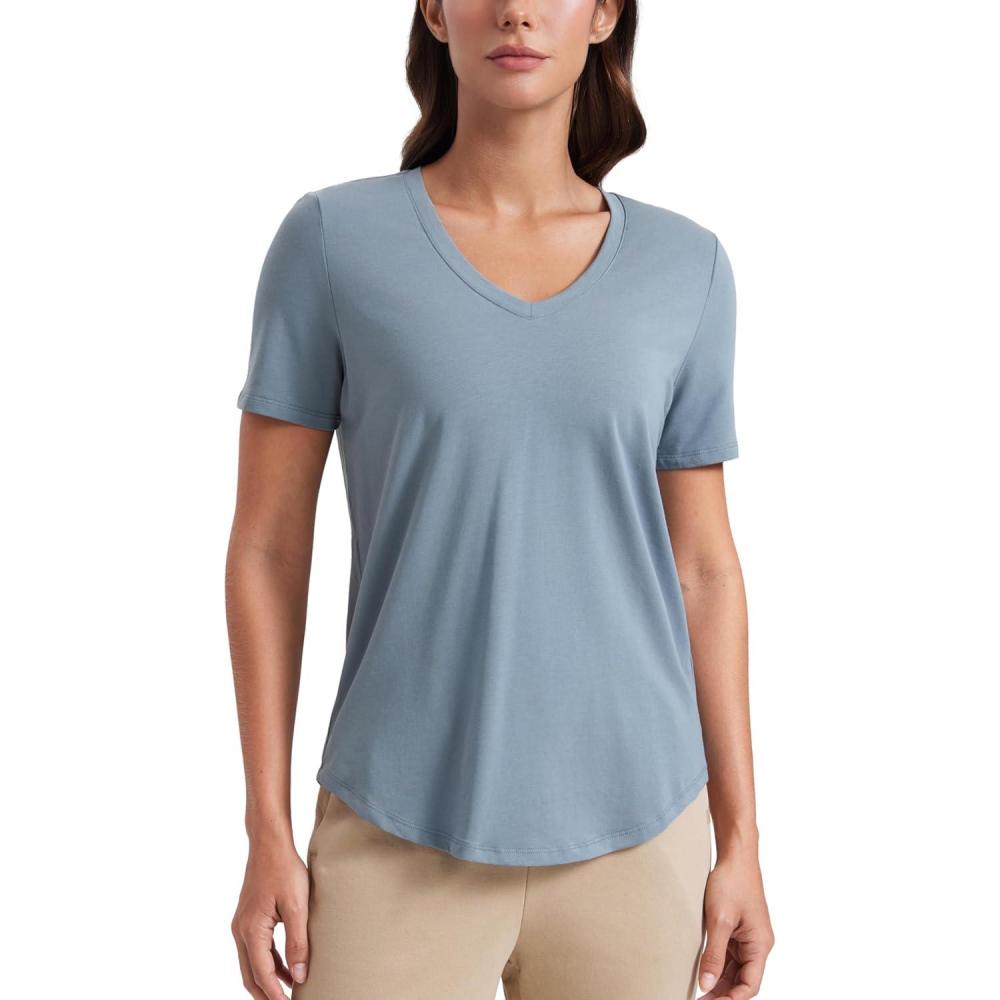 imageCRZ YOGA Womens Pima Cotton V Neck TShirt Short Sleeve Casual Workout Shirts Soft Summer Basic Tee TopsBelgian Blue