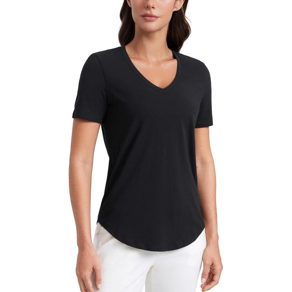 imageCRZ YOGA Womens Pima Cotton V Neck TShirt Short Sleeve Casual Workout Shirts Soft Summer Basic Tee TopsBlack