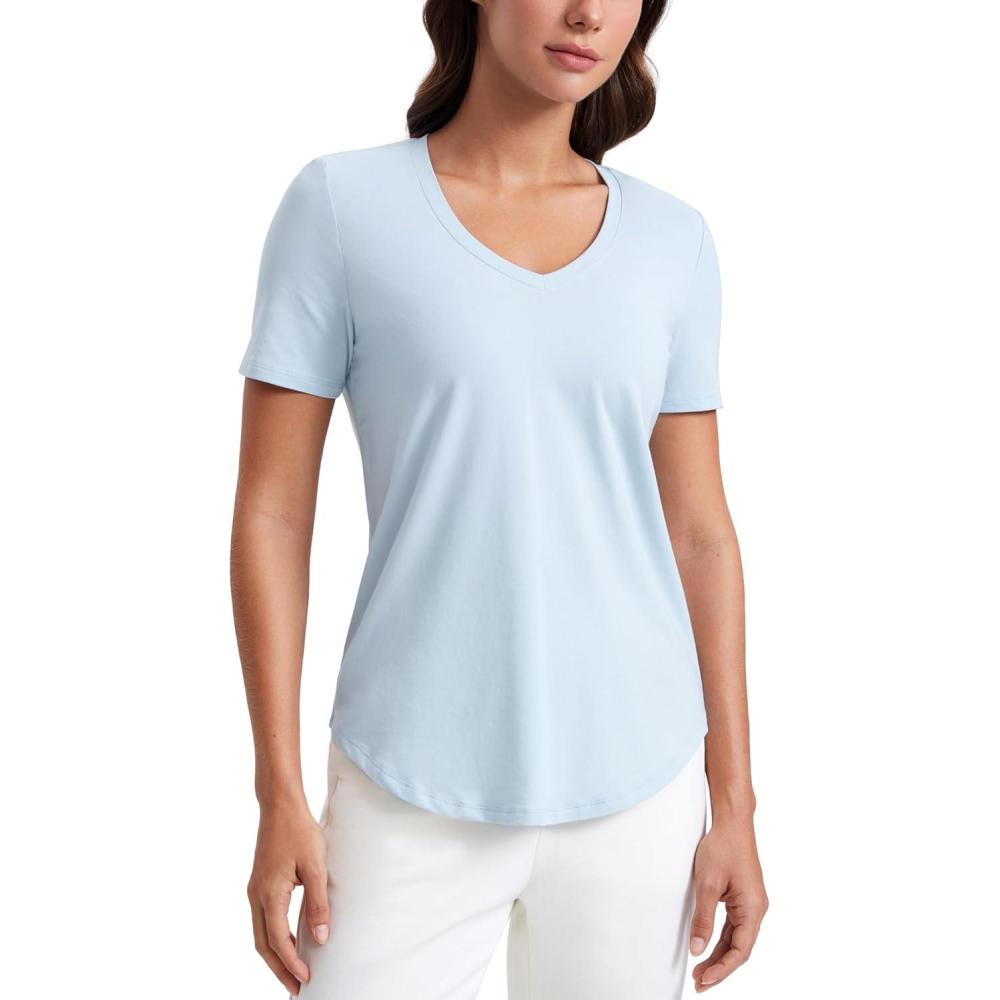 imageCRZ YOGA Womens Pima Cotton V Neck TShirt Short Sleeve Casual Workout Shirts Soft Summer Basic Tee TopsBlue Linen