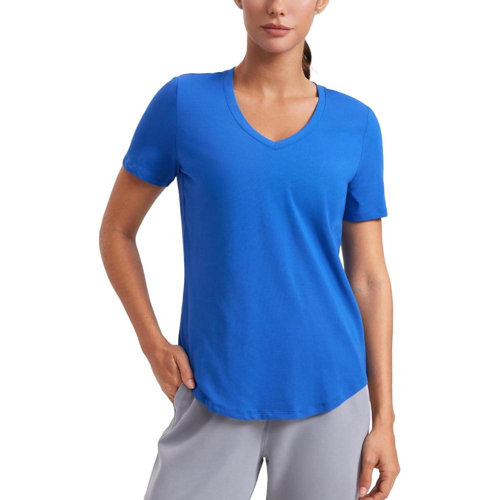 imageCRZ YOGA Womens Pima Cotton V Neck TShirt Short Sleeve Casual Workout Shirts Soft Summer Basic Tee TopsSparkle Blue