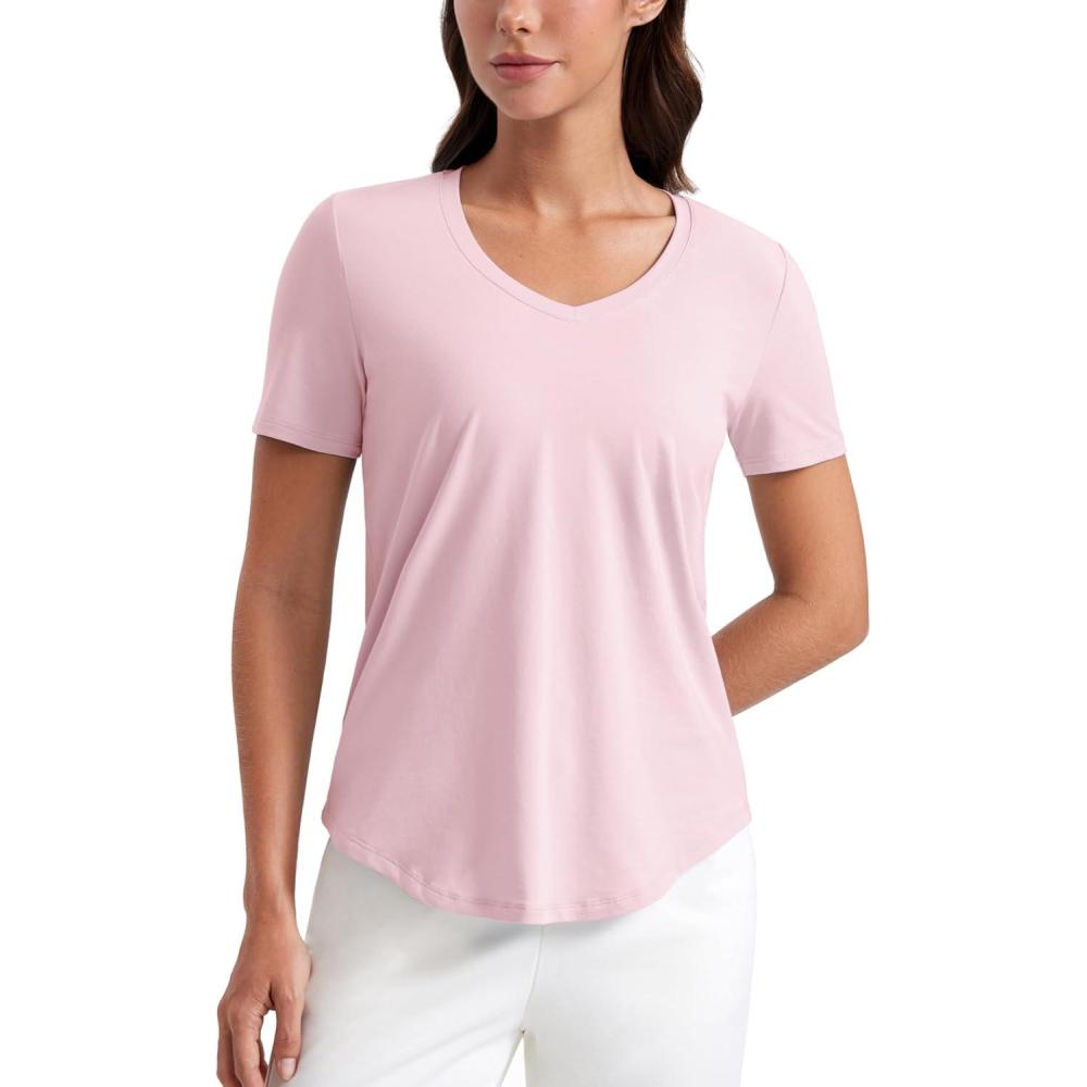 imageCRZ YOGA Womens Pima Cotton V Neck TShirt Short Sleeve Casual Workout Shirts Soft Summer Basic Tee TopsStrawberry Pink