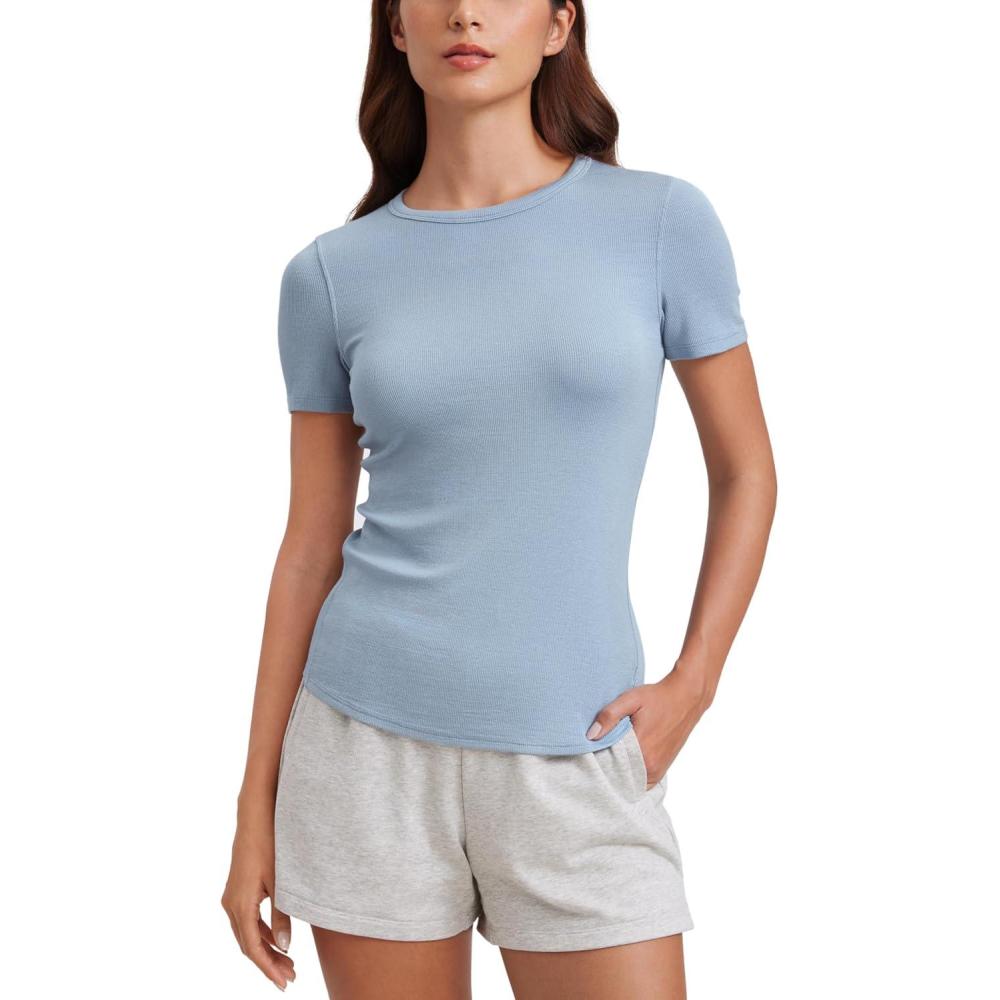 imageCRZ YOGA Womens Ribbed Modal Casual Short Sleeve Crew Neck Basic Shirts Going Out Soft Fitted Stretchy Athletic Workout TopsCambric Blue