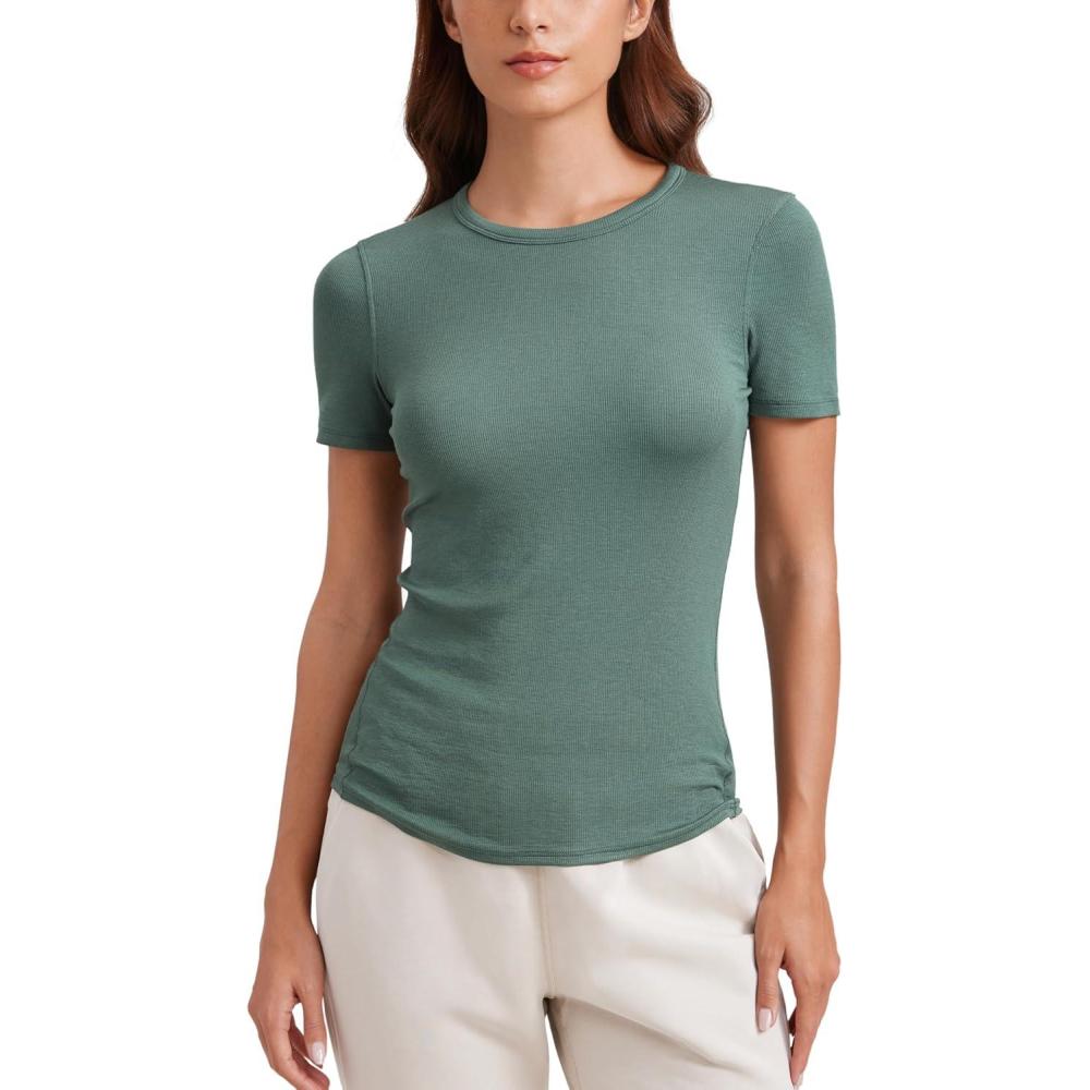 imageCRZ YOGA Womens Ribbed Modal Casual Short Sleeve Crew Neck Basic Shirts Going Out Soft Fitted Stretchy Athletic Workout TopsGraphite Green