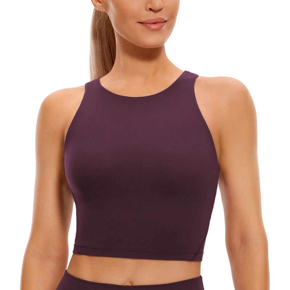 imageCRZ YOGA Womens U Back Sports Bras Padded High Neck Crop Workout Tank TopsDeep Purple