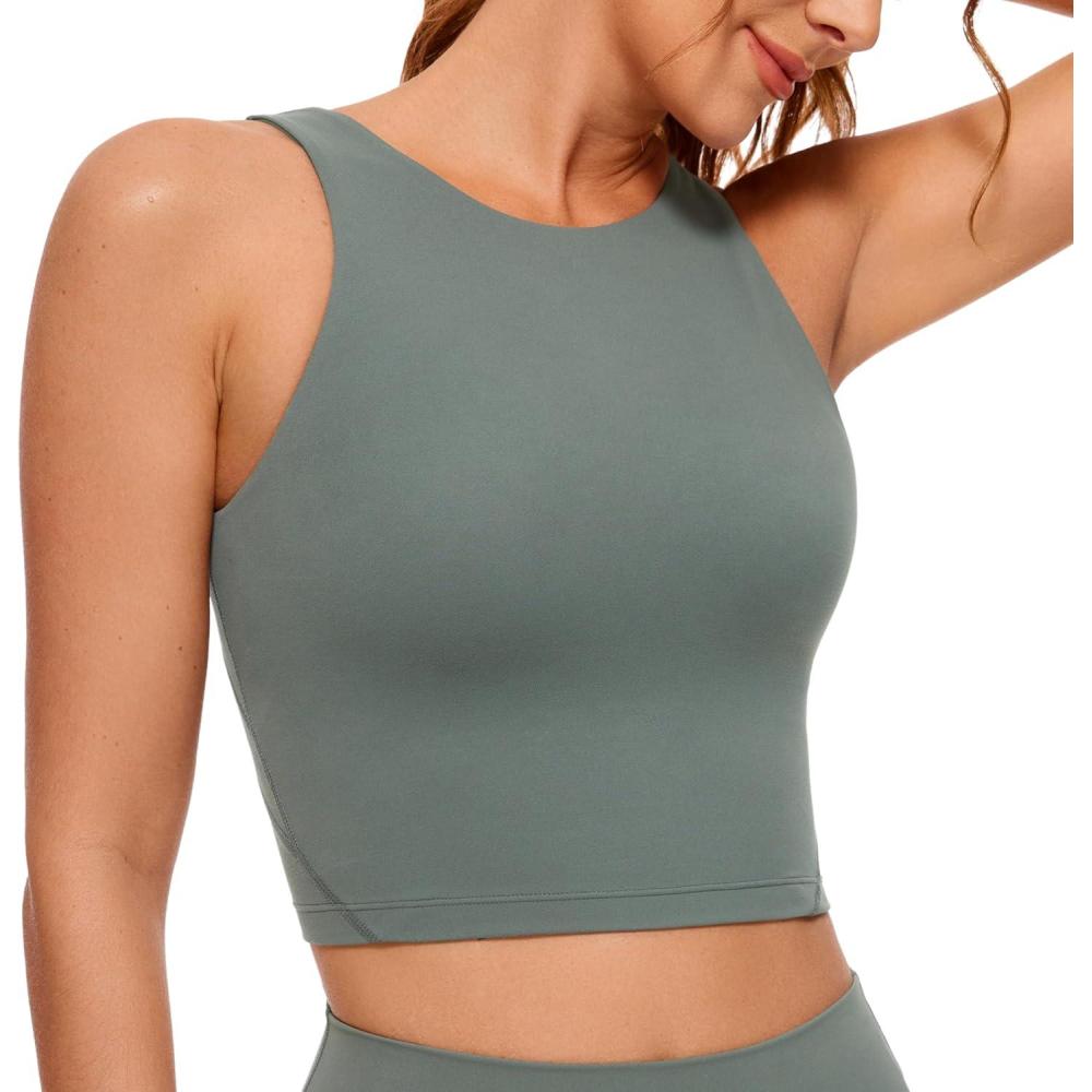 imageCRZ YOGA Womens U Back Sports Bras Padded High Neck Crop Workout Tank TopsGrey Sage