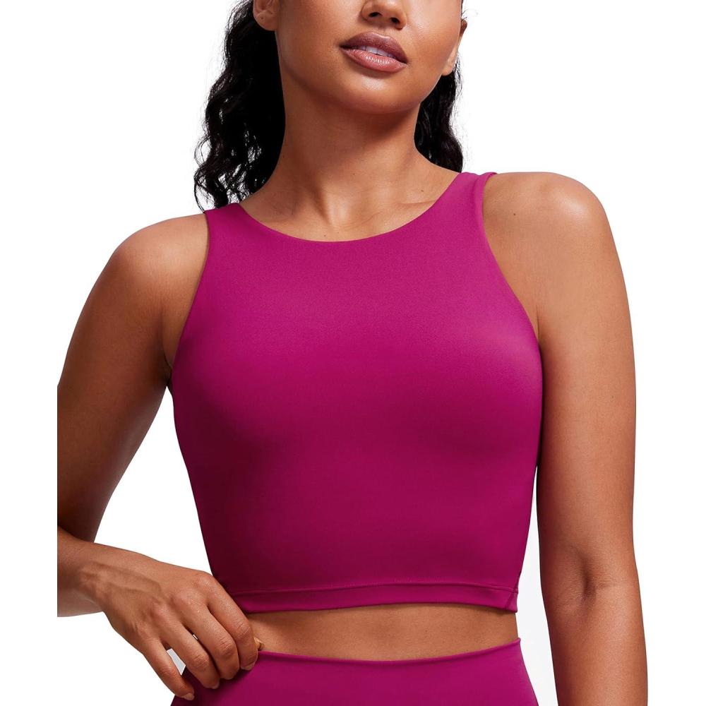 imageCRZ YOGA Womens U Back Sports Bras Padded High Neck Crop Workout Tank TopsMagenta Purple