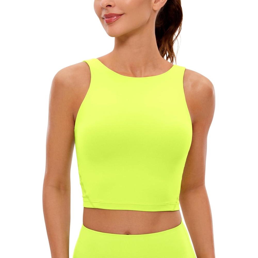 imageCRZ YOGA Womens U Back Sports Bras Padded High Neck Crop Workout Tank TopsNeon Yellow