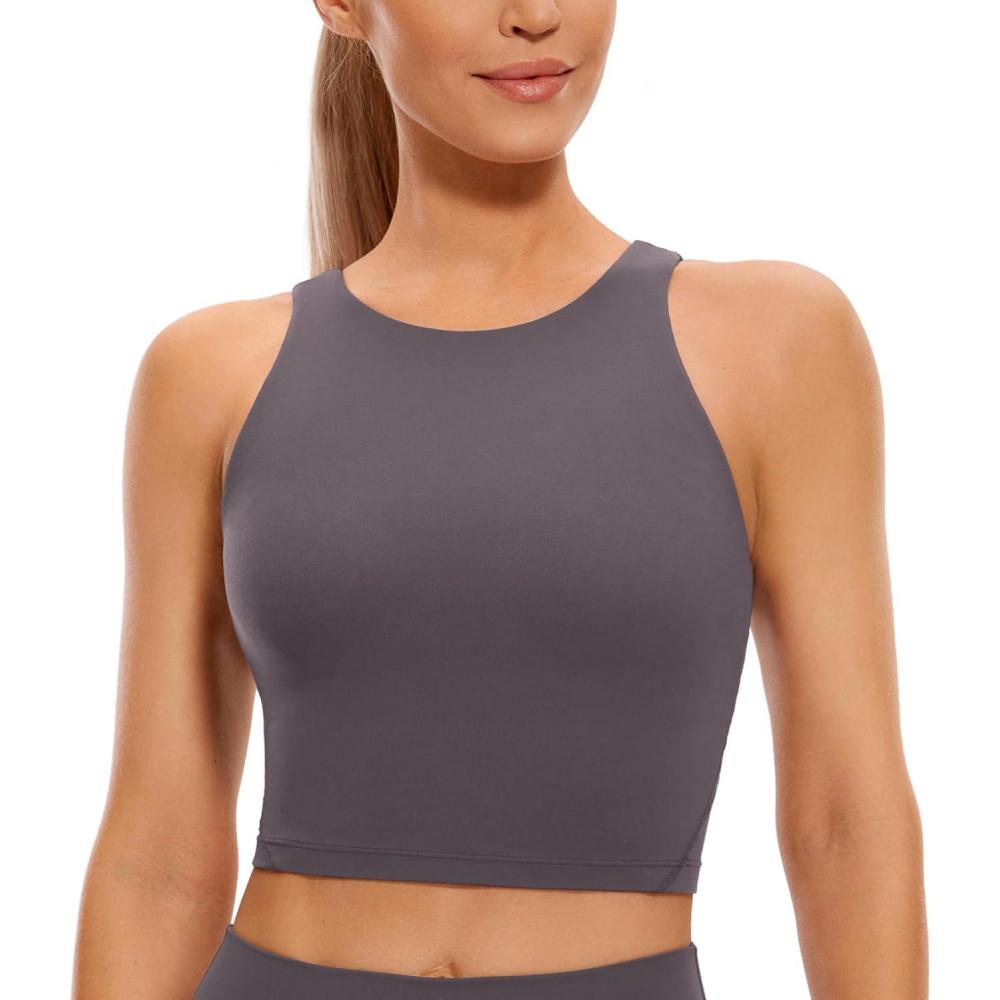 imageCRZ YOGA Womens U Back Sports Bras Padded High Neck Crop Workout Tank TopsTornado Grey