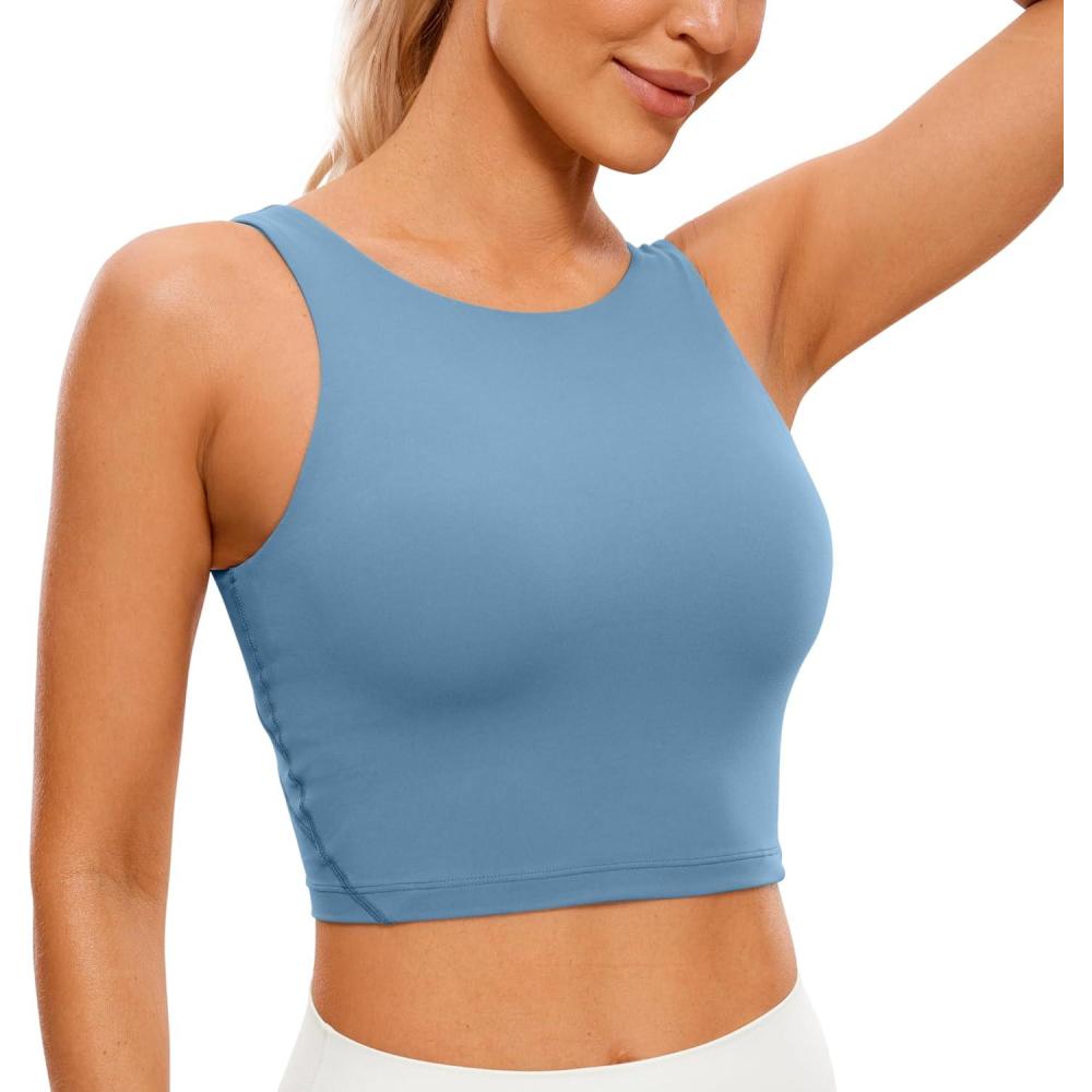 imageCRZ YOGA Womens U Back Sports Bras Padded High Neck Crop Workout Tank TopsUniverse Blue