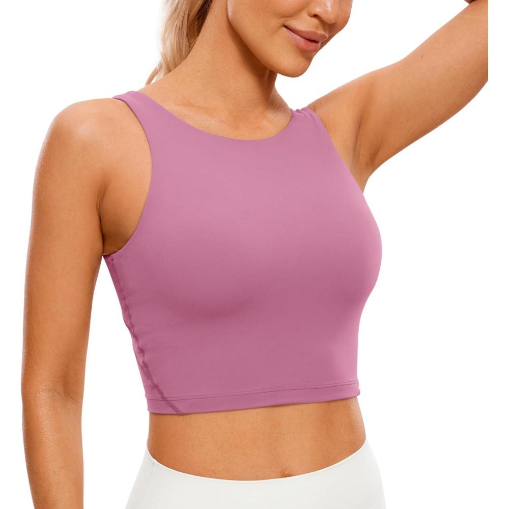 imageCRZ YOGA Womens U Back Sports Bras Padded High Neck Crop Workout Tank TopsVelvet Dust