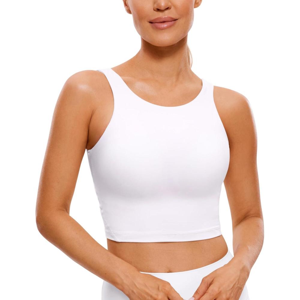 imageCRZ YOGA Womens U Back Sports Bras Padded High Neck Crop Workout Tank TopsWhite