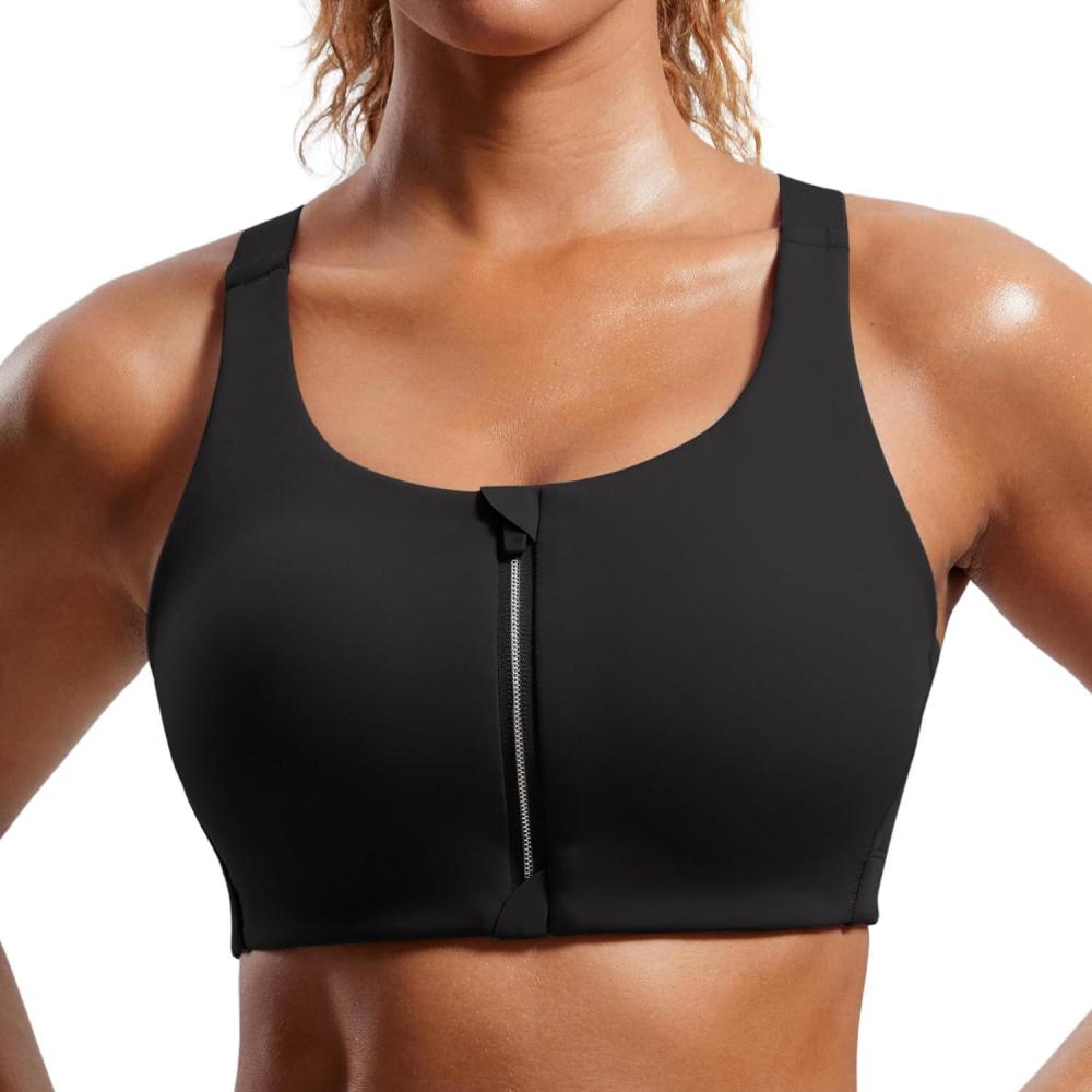 imageCRZ YOGA Womens Zip Front High Impact Sports Bra Molded Cup Adjustable Convertible Straps Wireless Workout Yoga Crop TopBlack