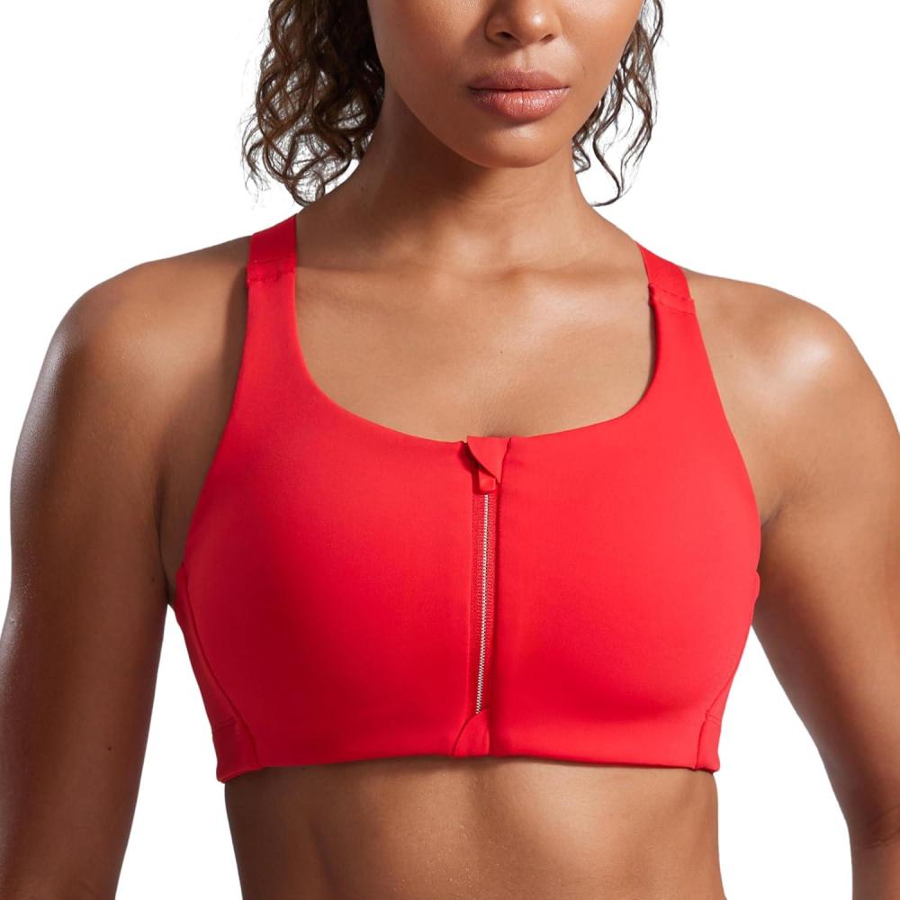 imageCRZ YOGA Womens Zip Front High Impact Sports Bra Molded Cup Adjustable Convertible Straps Wireless Workout Yoga Crop TopDeep Red
