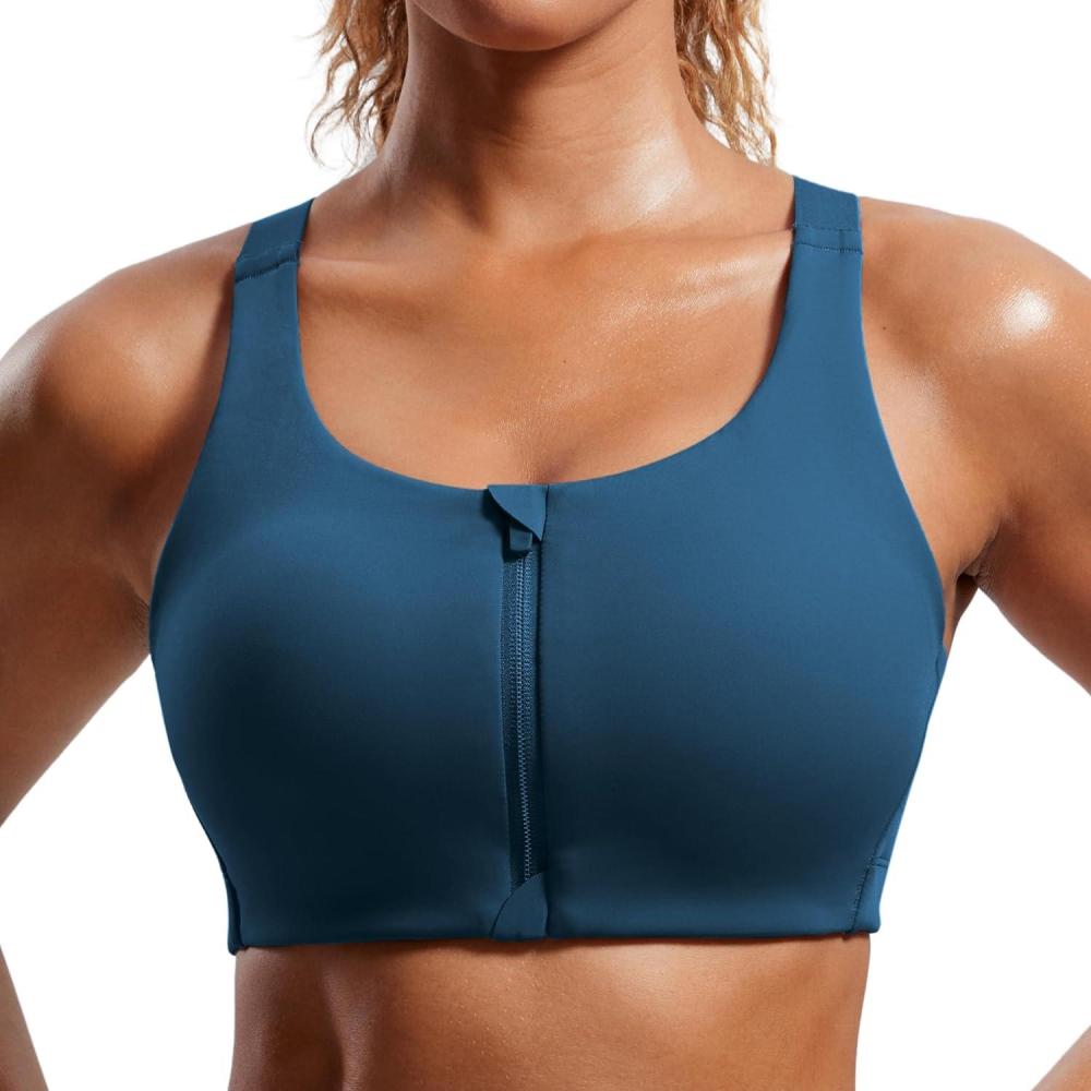 imageCRZ YOGA Womens Zip Front High Impact Sports Bra Molded Cup Adjustable Convertible Straps Wireless Workout Yoga Crop TopFrench Navy
