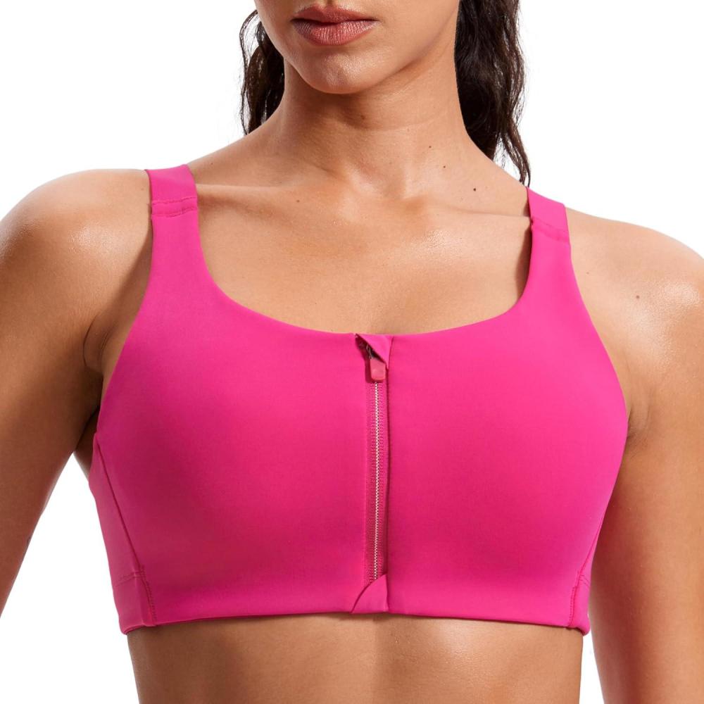imageCRZ YOGA Womens Zip Front High Impact Sports Bra Molded Cup Adjustable Convertible Straps Wireless Workout Yoga Crop TopGranita Pink