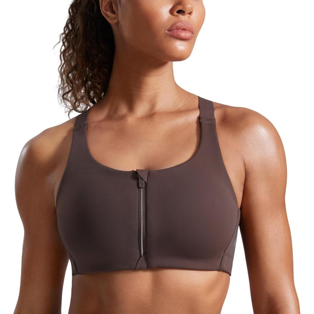 imageCRZ YOGA Womens Zip Front High Impact Sports Bra Molded Cup Adjustable Convertible Straps Wireless Workout Yoga Crop TopHot Fudge Brown