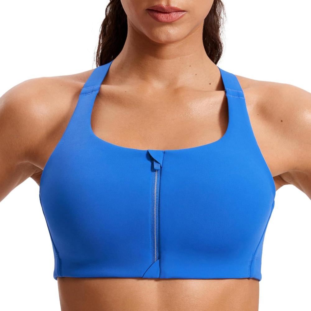 imageCRZ YOGA Womens Zip Front High Impact Sports Bra Molded Cup Adjustable Convertible Straps Wireless Workout Yoga Crop TopSparkle Blue