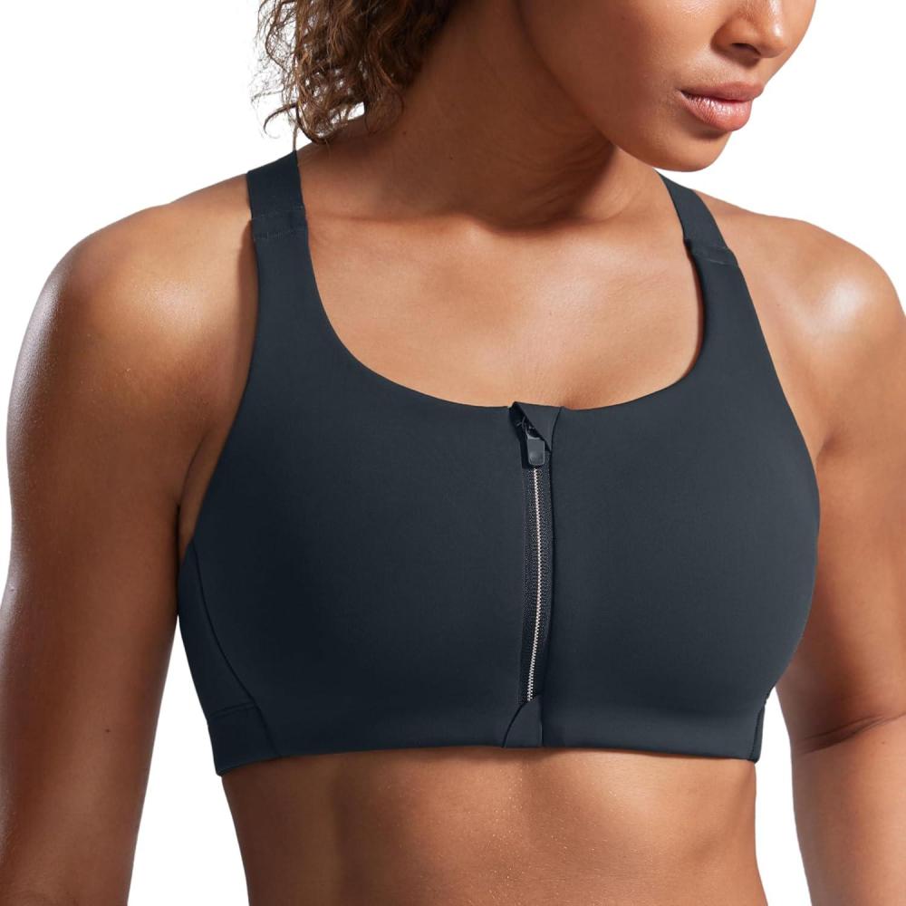 imageCRZ YOGA Womens Zip Front High Impact Sports Bra  Molded Cup Adjustable Convertible Straps Wireless Workout Yoga Crop TopTrue Navy