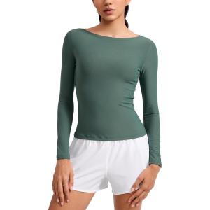 CRZ YOAG Cloudweight Boat Neck Shirts for Women – Workout Athletic Gym Casual Long Sleeve Tops Soft Lightweight T-Shirt(Graphite Green)