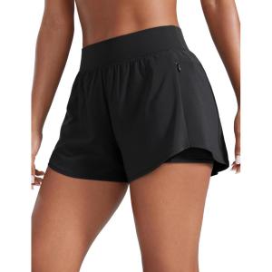 CRZ YOGA 2 in 1 Double Layer Running Shorts for Women 3″ – High Waisted for Athletic Tennis Workout with Zip Pockets(Black)