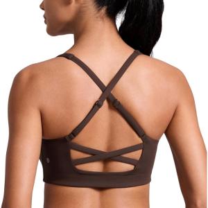 CRZ YOGA Butterlift Cross Back Sports Bras for Women – Scoop Neck Adjustable Straps Wireless Padded Pilates Workout Top(Hot Fudge Brown)