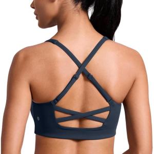 CRZ YOGA Butterlift Cross Back Sports Bras for Women – Scoop Neck Adjustable Straps Wireless Padded Pilates Workout Top(Twilight Blue)