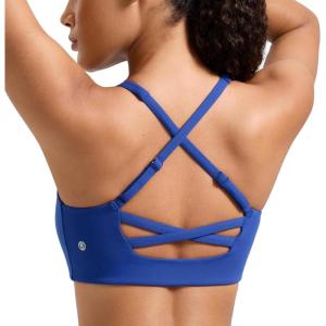CRZ YOGA Butterlift Cross Back Sports Bras for Women – Scoop Neck Adjustable Straps Wireless Padded Pilates Workout Top(Waves Blue)