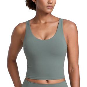 CRZ YOGA Butterlift Racerack Crop Tank Tops for Women – U Neck Yoga Padded Longline Sports Bras Pilates Workout(Grey Sage)