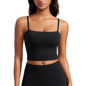CRZ YOGA Butterluxe Cami Crop Tank Tops for Women – Square Neck Adjustable Padded Longline Sports Bras Workout Camisole(Black)