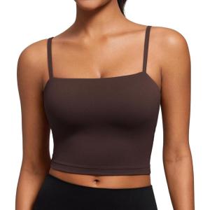 CRZ YOGA Butterluxe Cami Crop Tank Tops for Women – Square Neck Adjustable Padded Longline Sports Bras Workout Camisole(Hot Fudge Brown)