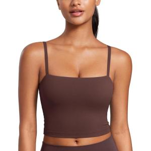 CRZ YOGA Butterluxe Cami Crop Tank Tops for Women – Square Neck Adjustable Padded Longline Sports Bras Workout Camisole(Taupe)