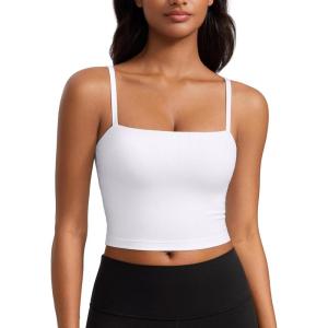 CRZ YOGA Butterluxe Cami Crop Tank Tops for Women – Square Neck Adjustable Padded Longline Sports Bras Workout Camisole(White)