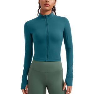 CRZ YOGA Butterluxe Cropped Athletic Jackets for Women – Full Zip Up Track Tops with Thumb Holes Pockets(Borealis Green)