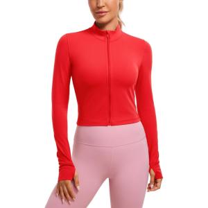 CRZ YOGA Butterluxe Cropped Athletic Jackets for Women – Full Zip Up Track Tops with Thumb Holes Pockets(Deep Red)