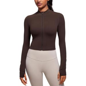 CRZ YOGA Butterluxe Cropped Athletic Jackets for Women – Full Zip Up Track Tops with Thumb Holes Pockets(Hot Fudge Brown)