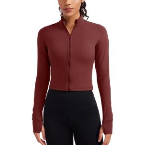 CRZ YOGA Butterluxe Cropped Athletic Jackets for Women – Full Zip Up Track Tops with Thumb Holes Pockets(Noctilucence Red)