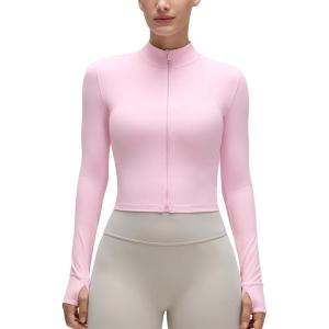 CRZ YOGA Butterluxe Cropped Athletic Jackets for Women – Full Zip Up Track Tops with Thumb Holes Pockets(Pink Peony)