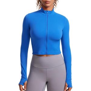 CRZ YOGA Butterluxe Cropped Athletic Jackets for Women – Full Zip Up Track Tops with Thumb Holes Pockets(Sparkle Blue)