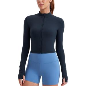 CRZ YOGA Butterluxe Cropped Athletic Jackets for Women – Full Zip Up Track Tops with Thumb Holes Pockets(Twilight Blue)